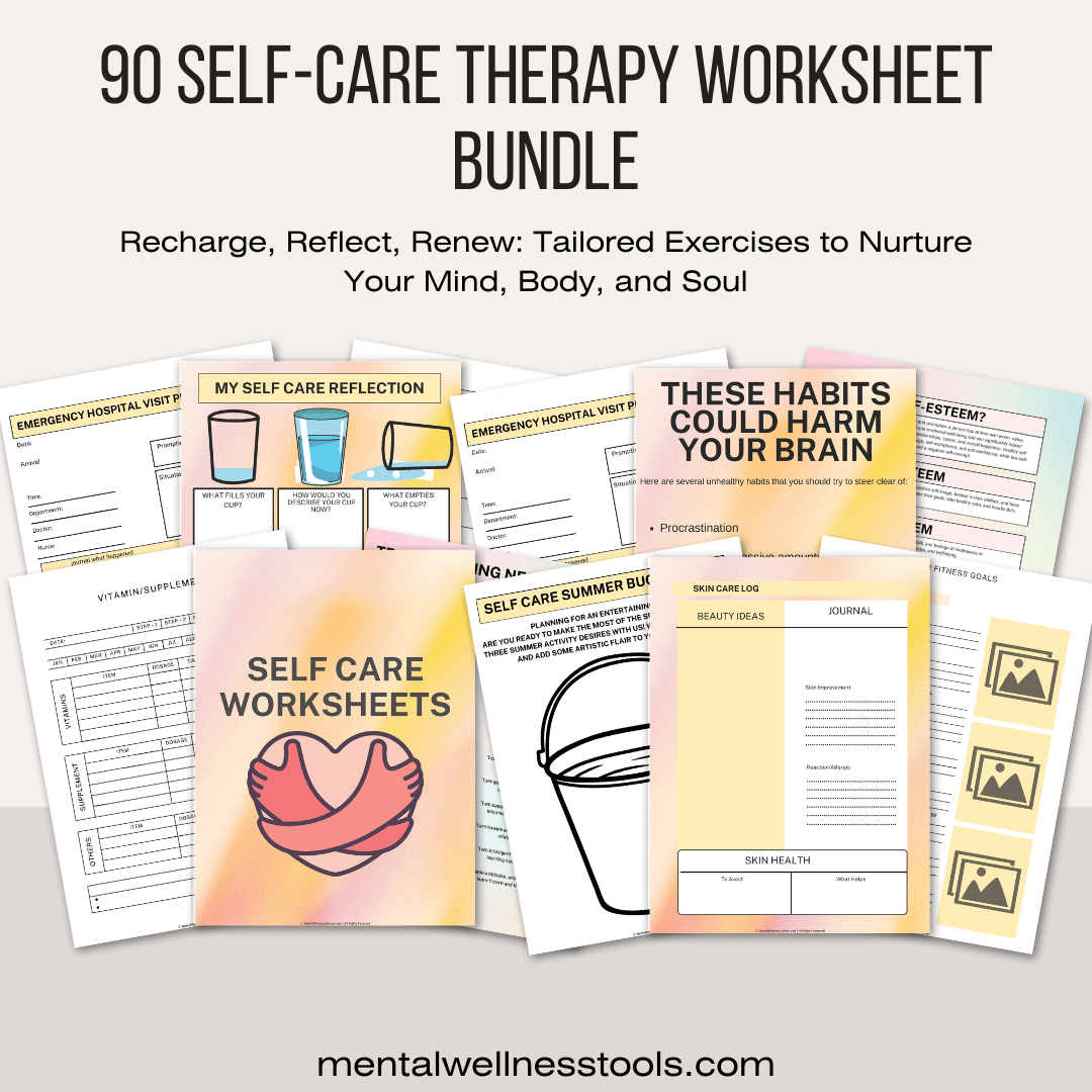 90 Self-Care Therapy Worksheet bundle